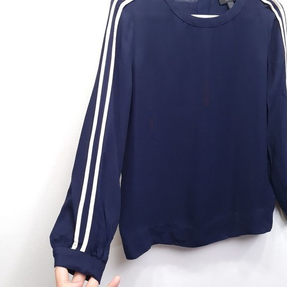 J. Crew Double Stripes Crepe Top Blouse Navy Womens Size 00 - Picture 5 of 16